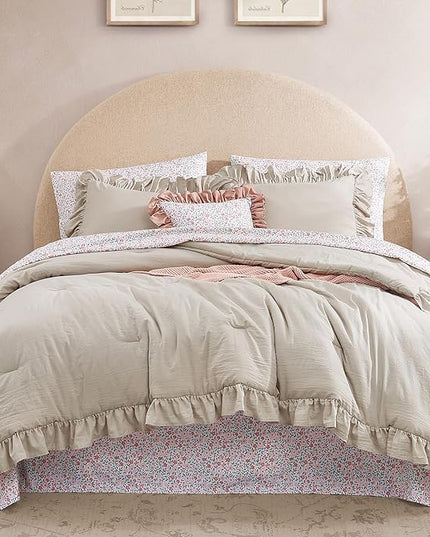 Full Comforter Set - 7 Pieces Ruffle Beige Bedding Sets, Shabby Chic Farmhouse Bed in a Bag Full with Ruffle Comforter, Floral Sheets, Pillowcases & Shams