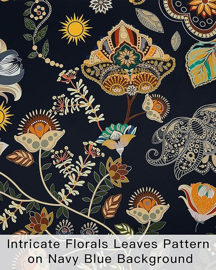 XiDi Floral Blackout Bedroom Curtains 63 Inches Long 2 Panels Room Darkening Thermal Insulated Vintage Mid Century Modern Curtains Patterned Flower Leaf Grommet Drapes for Home Decor 52x63 Navy Blue
