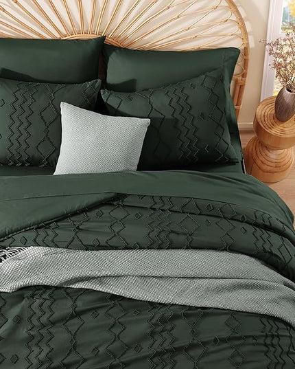 Full Size Comforter Set Dark Green, Tufted Boho Bedding Farmhouse Bed Set, All Season 7 Pieces Bed in a Bag with Sheets, Pillowcases & Shams