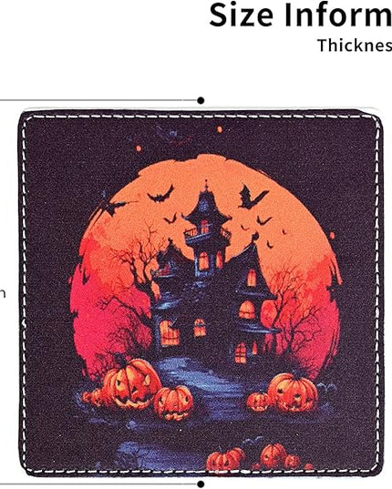 Marble Coasters Square Leather Drinks Coaster Set with Holder for Coffee Table Bar Home Decor 4 Inches Set of 6 (Halloween, One Size)