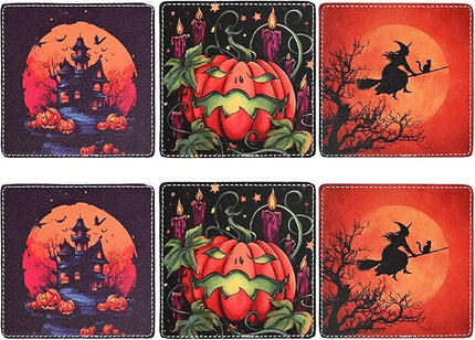 Marble Coasters Square Leather Drinks Coaster Set with Holder for Coffee Table Bar Home Decor 4 Inches Set of 6 (Halloween, One Size)