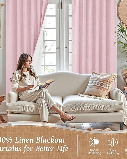 LAMIT 100% Blackout Linen Curtains, 72 Inches Linen Textured Thermal Bedroom Curtains Back Tab and Rod Pocket Neutral Panels with White Liner for Girls' Room, 2 Panels, 52 x 72 Inch, Pink