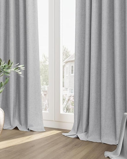 Guken Grey Linen Blackout Curtains 72 Inch Length 2 Panels Set for Living Room Bedroom Back Tab Thermal Insulated 100% Black Out Linen Drapes Room Darkening Window Curtains 72 Inches Long
