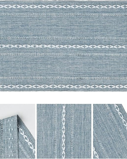 Artoid Mode Dusty Blue Cotton Linen Table Runner, Seasonal Rustic Embroidered Hollow Kitchen Dining Table Decoration for Home Party Decor 13x108 Inch