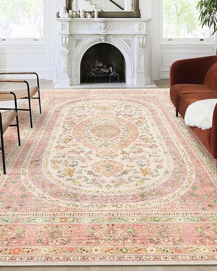 9x12 Area Rugs Washable,Pink Rug for Living Room Bedroom Dining Room,Large Boho Vintage Bohemian Distressed Farmhouse Carpet Non Slip,Blush Floral