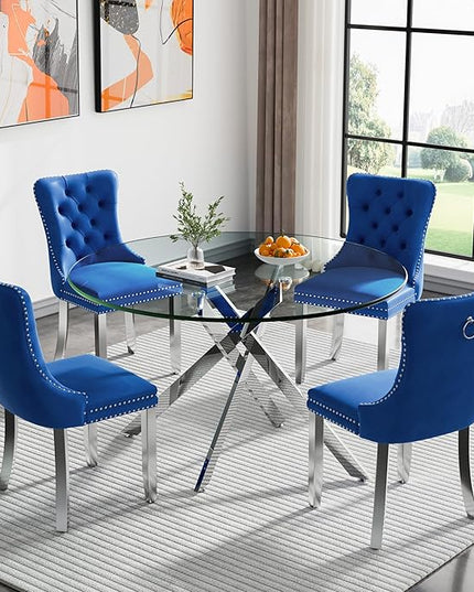 Round Glass Dining Table Set for 4, 47'' Clear Circular Kitchen Table and Chairs Set, 5PCS Modern Circle Dining Room Table Set with 4 Velvet Dining Chair for Home