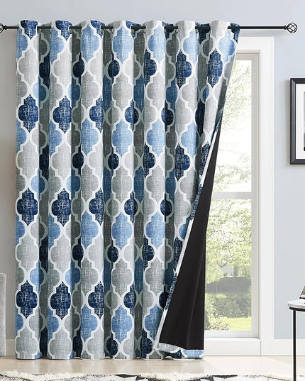 Beauoop 100% Blackout Curtains 96 Inches Long for Patio Sliding Door Blue Grey Extra Wide Moroccan Geo Room Darkening Thermal Soundproof Room Divider Grommet Window Treatment Drapes,100x96 Set of 1