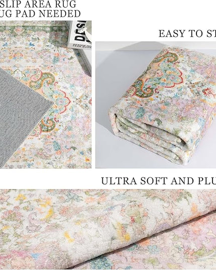 Pink Rug 4'x6.5',Washable Area Rugs for Bedroom Living Room Kitchen Entryway,Small Boho Vintage Bohemian Distressed Non Slip Carpet,Blush Green