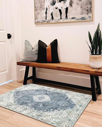 MUJOO Blue Grey Area Rug Small Rugs Boho Machine Washable Rugs Non Slip for Entryway Kitchen Bathroom Bedroom Vintage Soft Low-Pile 2'x3' Flowers