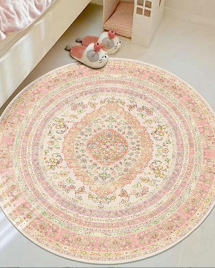 Round Area Rugs 4ft Washable,Pink Rug for Living Room Bedroom Dining Room,Circle Boho Vintage Bohemian Distressed Farmhouse Carpet Non Slip,Blush Floral