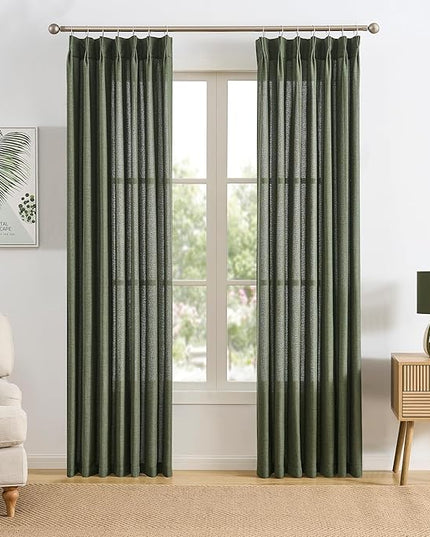RAIN CITY 2 Panels Long Pleated Sheer Curtains 120 Inch Long 10ft, Back Tab Pinch Pleat Track System Drapes with Hooks, Modern Winow Curtain for Ceiling Living Room Patio 42x120-Loden/Olive Green