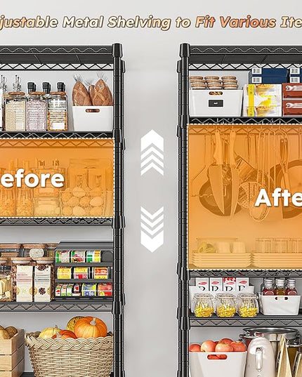 REIBII 1653LBS Storage Shelves with Wheels,76.1" H Metal Shelving 5-Tire Adjustable Wire Shelving Pantry Shelves for Garage Shelving, Pantry, Kitchen, Closet, Commercial,15.7" D x 35.4" Wx76.1 H
