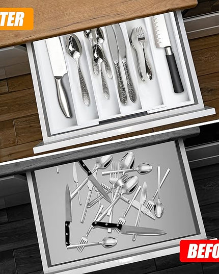 Bellsal White Silverware Organizer Kitchen Drawer Organizer Expandable Bamboo Utensil Holder Cutlery Tray for Kitchen Utensil and Flatware Bedroom Office