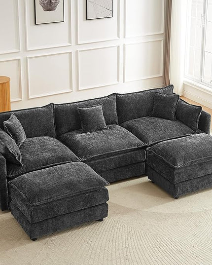 Modular Sectional Sofa, 112.2 Inch U Shaped Couch Set with Armrests, 3-Seater Comfy Cloud Couches with Movable Ottoman for Living Room Apartment, Grey