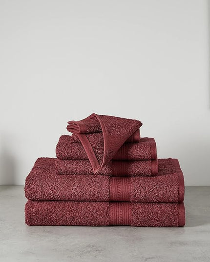 Amazon Basics Soft Bath Towels set , Absorbent Fade Resistant 100% Cotton washcloths 6 Pieces (12" x 12"), Perfect face towels, fingertip towels, Crimson