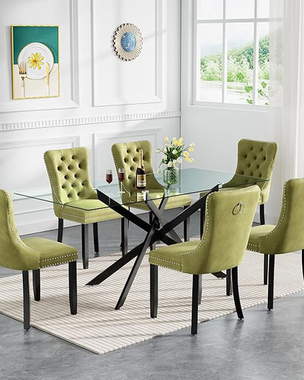 Modern 7-Piece Glass Dining Table Set for 6, Modern 60" Rectangle Black Glass Dining Room Table Set with Olive Green Velvet Tufted Chairs Wood Legs for Kitchen Dining Room