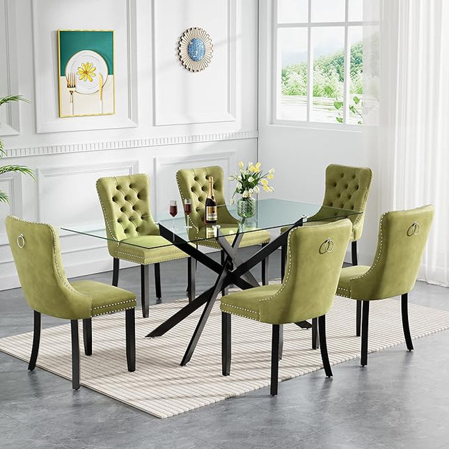 Modern 7-Piece Glass Dining Table Set for 6, Modern 60" Rectangle Black Glass Dining Room Table Set with Olive Green Velvet Tufted Chairs Wood Legs for Kitchen Dining Room