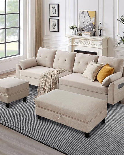 Convertible Sectional Sofa, Modern L Shaped Couch,Linen Fabric 4-Seat Sofa Set with Storage Ottoman and Coffee Table for Living Room,Beige