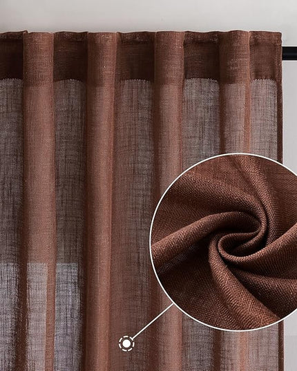 MIULEE Chocolate Brown Linen Curtains 96 Inch Long for Bedroom Living Room, Soft Thick Linen Textured Window Drapes Semi Sheer Light Filtering Back Tab Rod Pocket Burlap Look Decor, 2 Panels