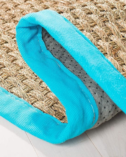 SAFAVIEH Area Rug 5x8 - Natural Fiber Collection - Natural & Turquoise, Seagrass, Basketweave Pattern with Border (NF114S)