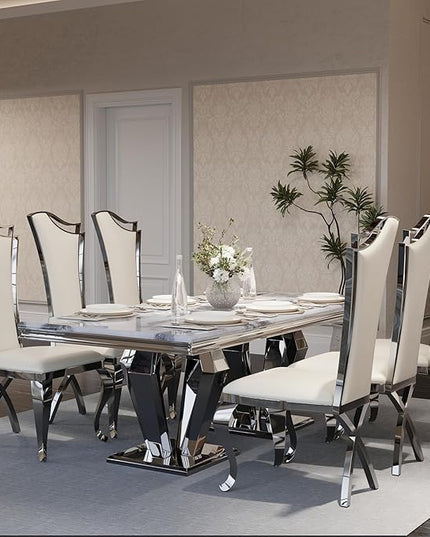 78" Dining Table, Glam Dining Room Table with Metal Mirrored Pedestal, Silver and Grey Kitchen Table for 4-8