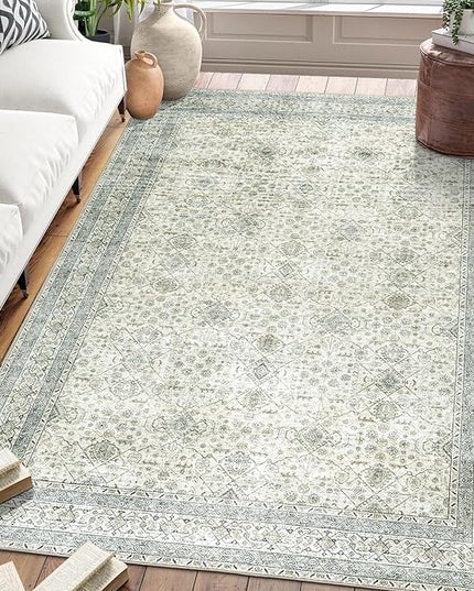 ReaLife Rugs Machine Washable Area Rug Runner - Living Room Bedroom Bathroom Kitchen Entryway Office - Padded Low Pile Stain Resistant Premium - Boho Farmhouse Vintage - BEV - Green 3' x 5'