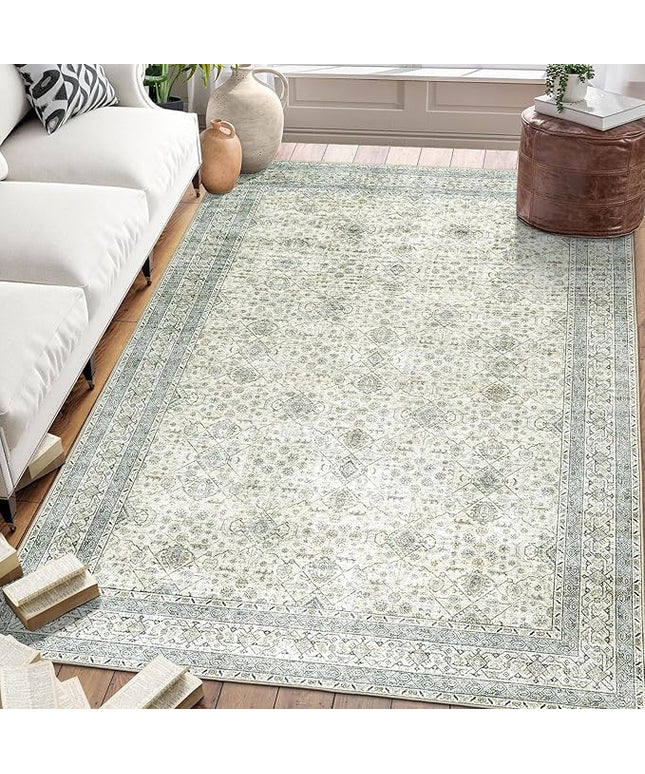 ReaLife Rugs Machine Washable Area Rug Runner - Living Room Bedroom Bathroom Kitchen Entryway Office - Padded Low Pile Stain Resistant Premium - Boho Farmhouse Vintage - BEV - Green 3' x 5'