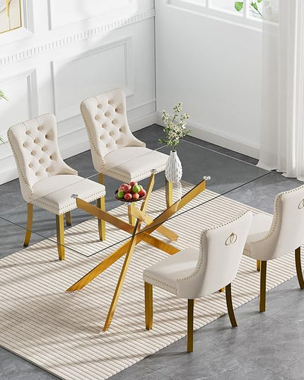 Modern 5-Piece Glass Dining Table Set for 4, Modern 60" Rectangle Gold Glass Dining Room Table Set with Milk White Velvet Tufted Chairs Wood Legs for Kitchen Dining Room