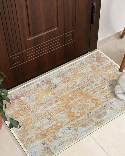 GLN Rugs Bohemian Collection - Machine Washable Area Rug, Bohemian Vintage, Non Slip, Low Pile Chenille Rug, Living Room, Bedroom, Bathroom Rug (2'x3' Yellow)