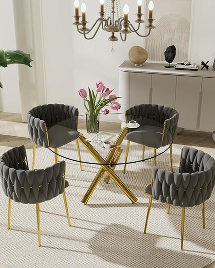 Modern Luxury Round Glass Dining Table Set for 4, 5 PCS Minimalist Circle Dining Room Table Set, 47'' Clear Circular Kitchen Table and Chairs Set of 4, Grey Woven Chair, for Home (Golden)