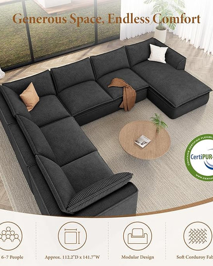 Vesgantti 141.7" Oversized Boneless Sectional Couch, Modern 7 Seater Modular Sofa with Chaise, Deep Seat Convertible Corduroy Cloud Couches for Living Room, No Assembly Required, Black