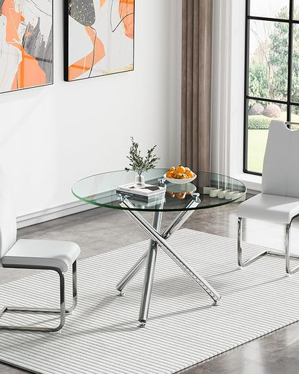 HomVent Round Glass Dining Table Set for 2, 3-Piece Modern Kitchen Table Set with 2 PU Upholstered Chair for Kitchen Dining Room, Glass Dining Room Table Set