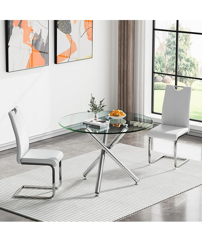 HomVent Round Glass Dining Table Set for 2, 3-Piece Modern Kitchen Table Set with 2 PU Upholstered Chair for Kitchen Dining Room, Glass Dining Room Table Set