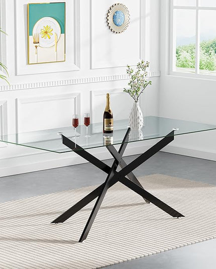Modern 5-Piece Glass Dining Table Set for 4, Modern 60" Rectangle Black Glass Dining Room Table Set with Pink Velvet Tufted Chairs Wood Legs for Kitchen Dining Room
