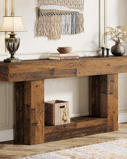 Tribesigns 63" Console Table, Farmhouse 2-Tier Entryway Table with U-Shaped Base, Narrow Long Wood Sofa Table Behind Couch Table for Living Room, Hallway, Foyer, Mix Brown