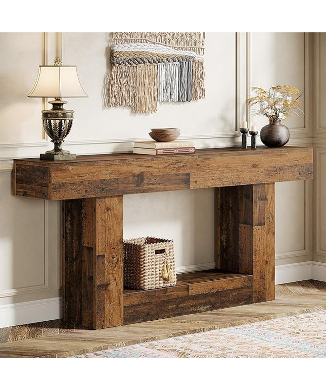 Tribesigns 63" Console Table, Farmhouse 2-Tier Entryway Table with U-Shaped Base, Narrow Long Wood Sofa Table Behind Couch Table for Living Room, Hallway, Foyer, Mix Brown