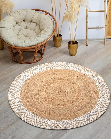 voyzz home Premium Natural Jute Braided Area Rug, 3-feet Round, White Printed Border, Stain Resistance, Natural Handmade Rug for Entryways, Living Room, Dining Room, Bedroom, Farmhouse, Kitchen