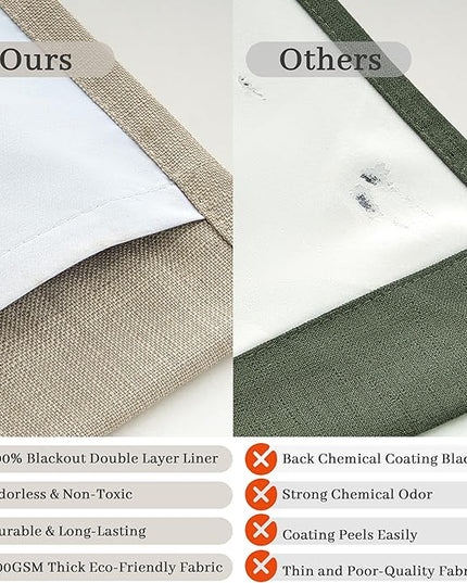 Memory Trained Pinch Pleated Blackout Bedroom Curtains 94 Inch Long 2 Panels Set, Linen Dual Layer Light Brown Soundproof Farmhouse Window Drapes for Living Room with Hooks & Rings Back Tab 40W x 94L