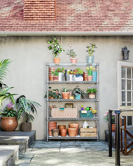 IZEUK 1750LBS Garage Shelving Wide Storage Shelves 5 Tier Metal Shelves Heavy Duty Adjustable Utility Shelf Rack (Chrome, 5 Tier, 15.7" D x 45.3" W x 70.9" H)