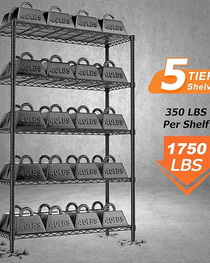 Storage Shelves Heavy Duty, 36" L x 14" W x 72" H Garage Wire Shelving Unit Loads 1750LBS, 5-Tier Adjustable Metal Industrial Utility Shelf Rack for Kitchen, Laundry Room, Pantry, Warehouse, Basement