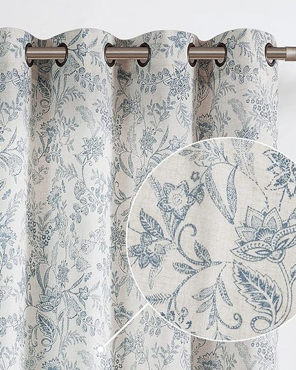 Lazzzy Linen Farmhouse Curtains for Living Room 96 Inch Length Floral Print Window Curtains Semi Sheer Drapes for Bedroom Country Light Filtering Curtain Grommet Top 2 Panels Blue on Beige