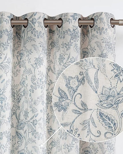 Lazzzy Linen Farmhouse Curtains for Living Room 63 Inch Length Floral Print Window Curtains Semi Sheer Drapes for Bedroom Country Light Filtering Curtain Grommet Top 2 Panels Blue on Beige