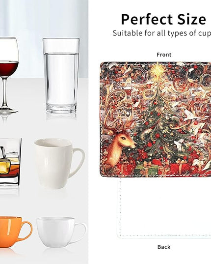 Christmas Coasters Square Leather Drinks Coaster Set with Holder for Coffee Table Bar Home Decor 4 Inches Set of 6