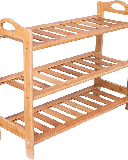 BIRDROCK HOME 3 Tier Free Standing Shoe Rack with Handles | Bamboo | Wood | Closets and Entryway | Organizer | Fits 9 Pairs of Shoes