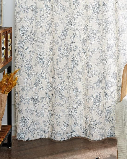 Lazzzy Linen Farmhouse Curtains for Living Room 90 Inch Length Floral Print Window Curtains Semi Sheer Drapes for Bedroom Country Light Filtering Curtain Grommet Top 2 Panels Blue on Beige