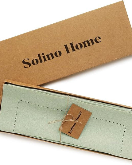 Solino Home Linen Placemats Set of 4 - Classic Hemstitch Sage Green Placemats 14 x 19 Inch - 100% Pure Linen Table Mats for Christmas, Winter, New Year