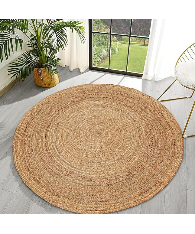 Hand Woven Jute Area Rug - 3' Round - Rustic Beige Reversible Farmhouse Rugs for Bedroom, Kitchen, Living Room - Vintage Natural Braided Entry Floor Décor Circle Boho Round Jute Rug 3ft