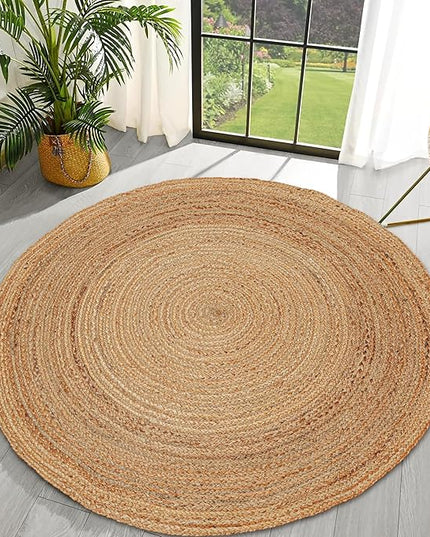Hand Woven Jute Area Rug - 5' Round - Rustic Beige Reversible Farmhouse Rugs for Bedroom, Kitchen, Living Room - Vintage Natural Braided Entry Floor Décor Circle Boho Round Jute Rug 5 Foot