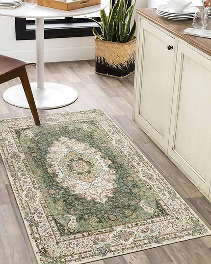 Small Rugs 2x3,Green Rug for Entryway Bathroom Bedroom Kitchen Entrance Doormat,Boho Vintage Bohemian Distressed Washable Accent Floor Throw Carpet Non Slip,Floral