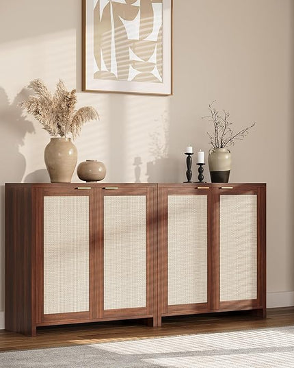 YOUDENOVA 62.3" Sideboard Buffet Cabinet, Rattan Storage Sideboard Cabinet with 4-Door and Adjustable Shelves, Farmhouse Console Table for Dining Room, Entryway, Living Room, Rustic Brown